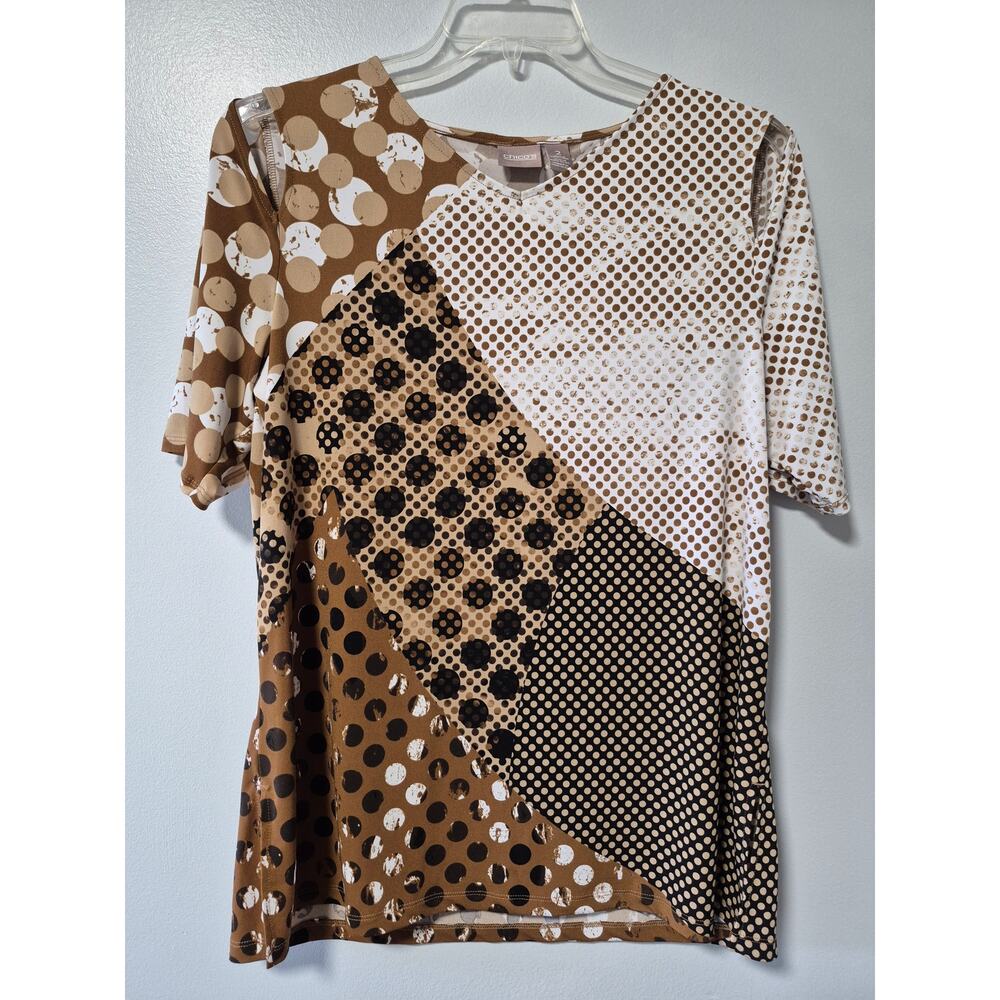 Chicos Top Womens 2 Large Short Sleeve Brown White Polka Dot Key Hole Shoulders